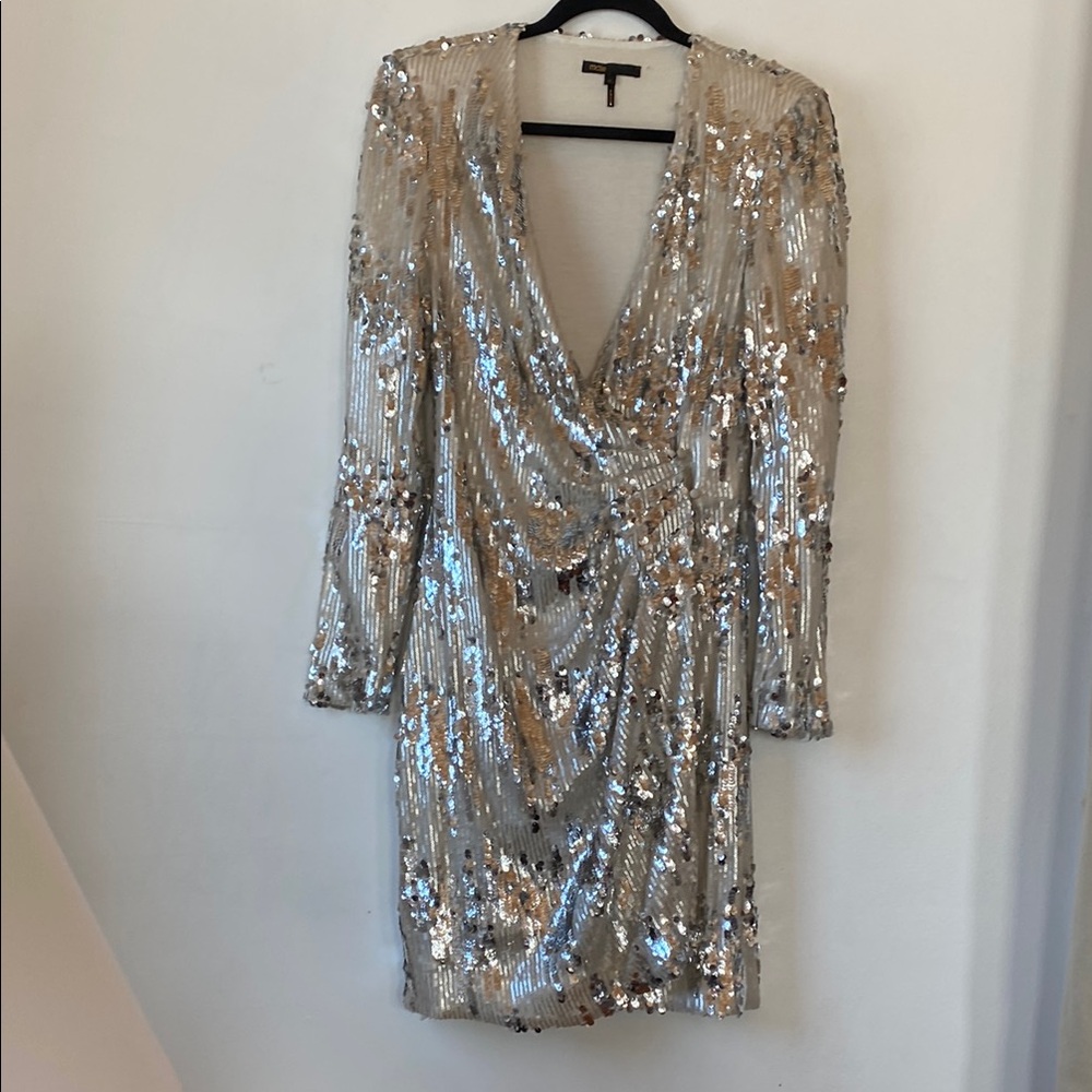 Maje Silver Cocktail Dress with Plunge Neckline and Bishop Sleeves